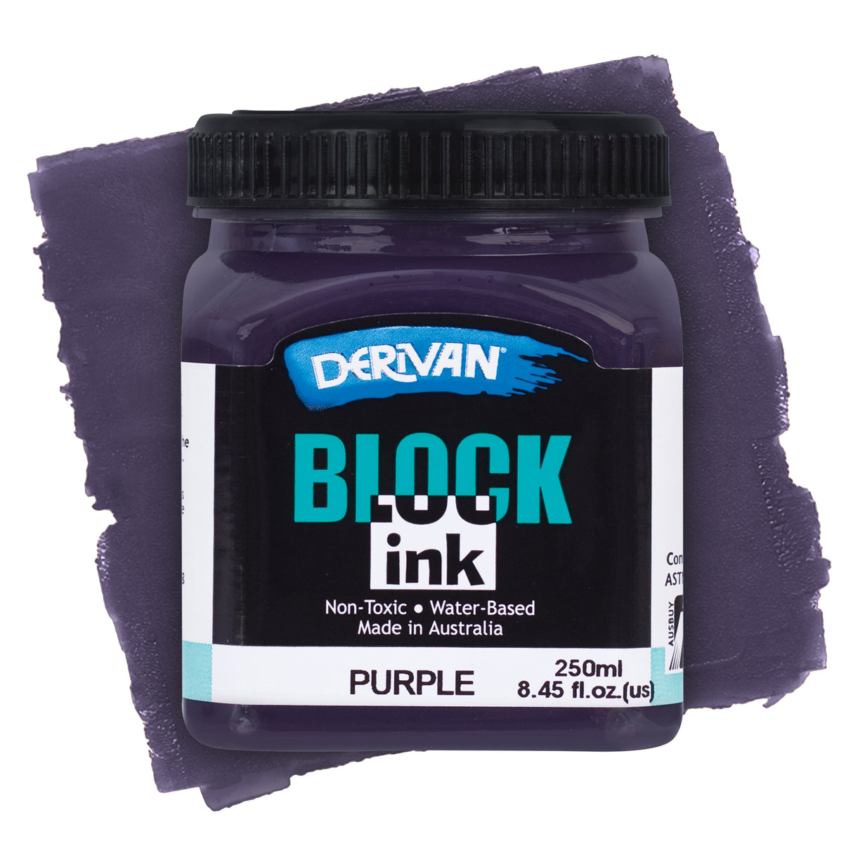 Derivan Block Ink in Purple. A deep purple plastic jar with a black lid sits against a rich dark purple paint swatch background. The black label features the Derivan logo, "BLOCK ink" in teal and white, and "Non-Toxic • Water-Based • Made in Australia." Labelled Purple, 250ml.