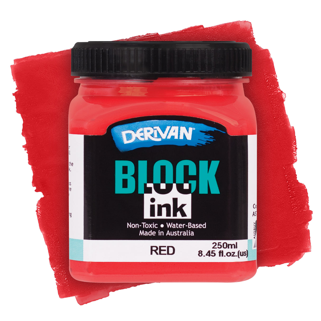 Derivan Block Ink in Red. A bright red plastic jar with a black lid sits against a vivid red paint swatch background. The black label features the Derivan logo, "BLOCK ink" in teal and white, and "Non-Toxic • Water-Based • Made in Australia." Labelled Red, 250ml.