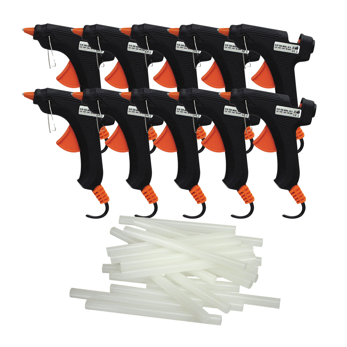 Ten black and orange hot glue guns arranged in two rows on a white background, with a pile of translucent hot glue sticks placed below the guns.