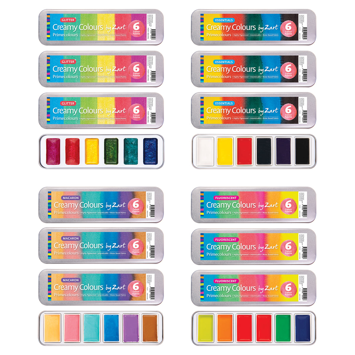 Creamy Colours by Zart Primecolours, sixteen tins arranged in a grid of four variants: Glitter, Essentials, Macaron and Fluorescent. Three closed tins of each sit above one open tin, revealing six rectangular paint pans per set in that variant's distinct colour palette.