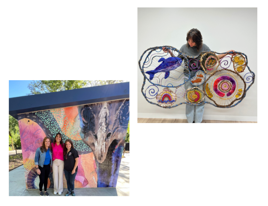 Collage of artworks and mural by artist Kirli Saunders, including a woven piece and three people standing beside a large painted outdoor mural. From Zart Education Live Online with Kirli Saunders – images provided by Lilli Paton on behalf of the artist.