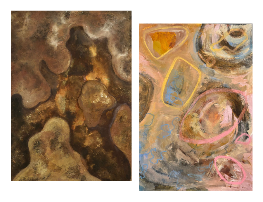 Two abstract paintings featuring organic shapes and layered textures in earthy tones, pinks and blues, exploring movement and form. From Zart Education Live Online with Kirli Saunders – images provided by Lilli Paton on behalf of the artist Kirli Saunders