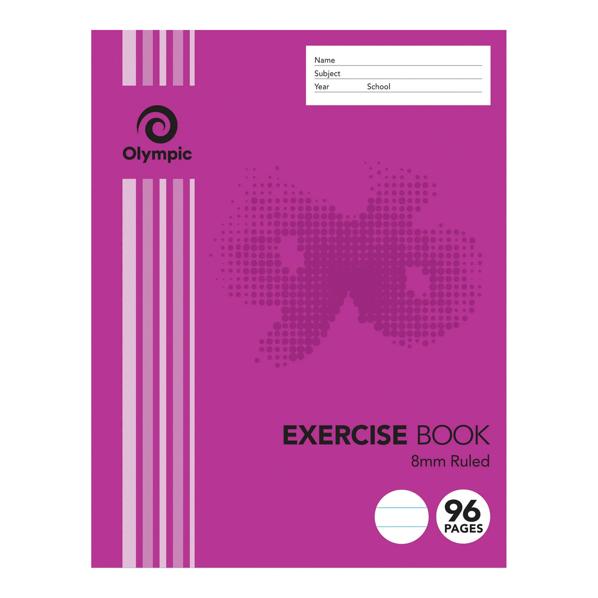 Olympic Exercise Book in vibrant magenta featuring the Olympic spiral logo and decorative halftone butterfly design. Cover displays vertical pink stripes and white label fields for Name, Subject, Year, and School. Text reads EXERCISE BOOK 8mm Ruled with 96 PAGES icon showing ruled lines.