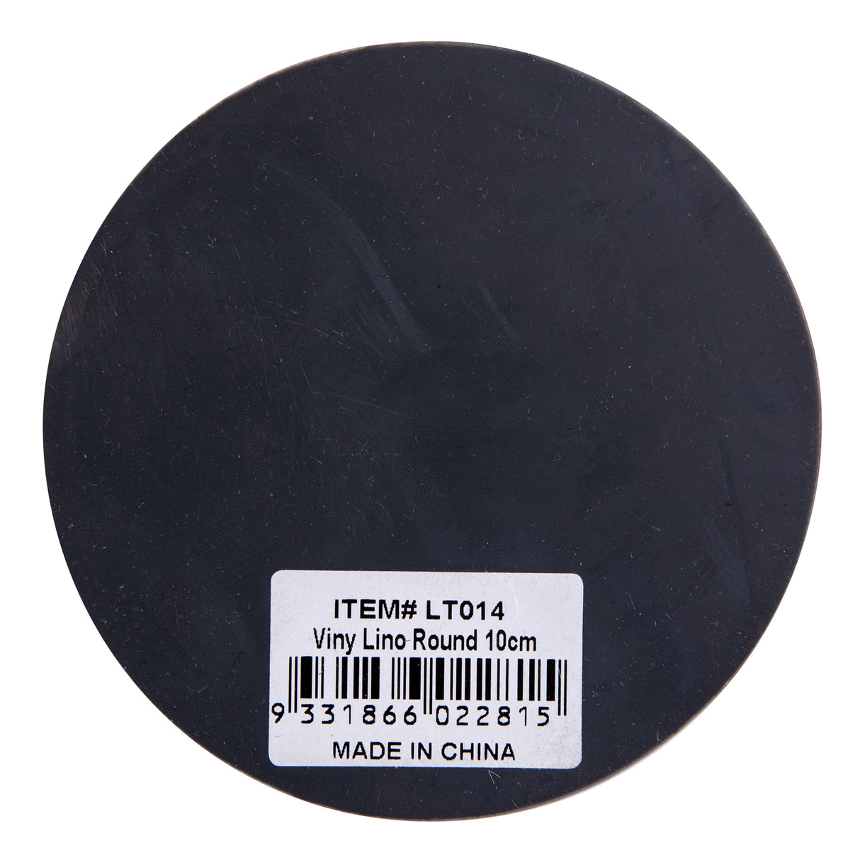 Back view of a Mastercut Print Lino Round block on a white background with product label attached. The dark grey circular lino surface appears smooth and uncarved, showing the full round shape and thickness. Clean studio lighting highlights the flat surface ready for carving and printing.