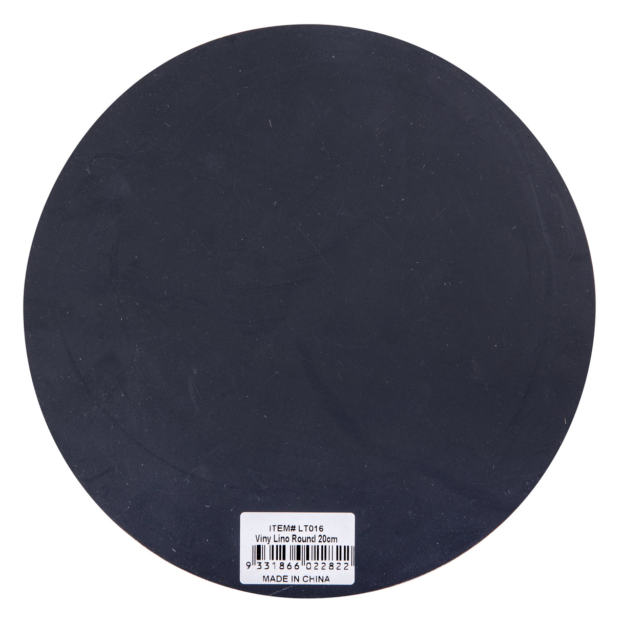 Back view of a Mastercut Print Lino Round block on a white background with product label attached. The dark grey circular lino surface appears smooth, flat and uncarved. Clean round format clearly shows the full size and thickness of the lino block.