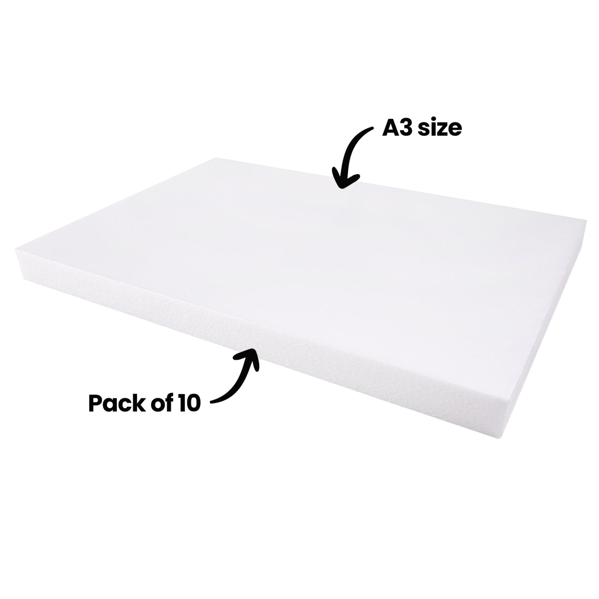 Single white print foam sheet with annotated text “A3 size” and “Pack of 10”, with arrows pointing to the foam. The product is photographed on a plain white background, highlighting its larger format and thickness for printmaking use.