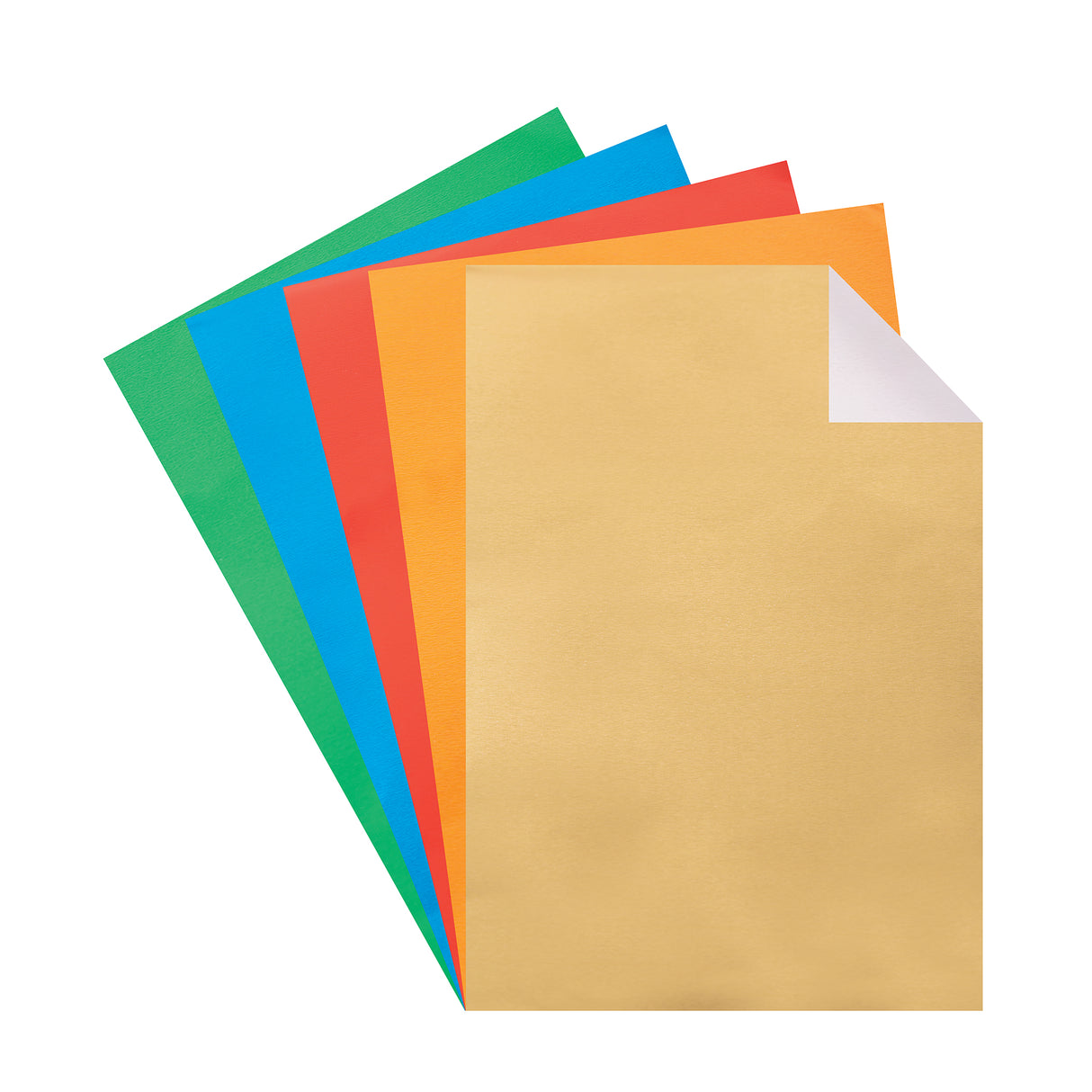 Five Aluminium Embossing Foil Sheets are fanned diagonally, displaying green, blue, red, orange and gold finishes with a soft metallic sheen. The top gold sheet has a folded corner revealing a silver reverse, highlighting the dual-sided material and smooth, lightly brushed surface.