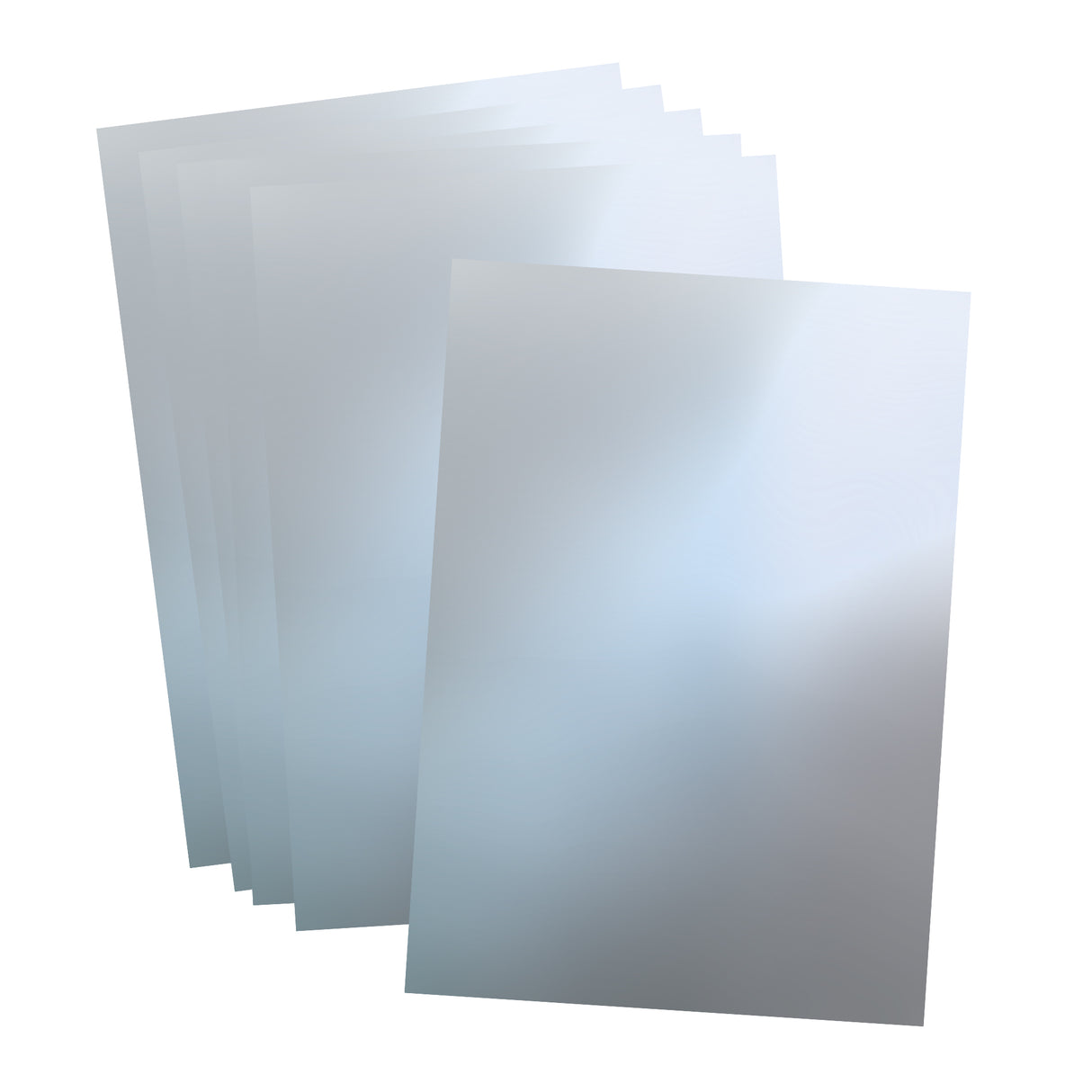 Several Aluminium Embossing Foil Sheets in silver are layered and slightly offset, showing a smooth, cool-toned metallic finish with soft reflections. The sheets appear thin and flexible, with clean edges and a subtle brushed texture across the surface.
