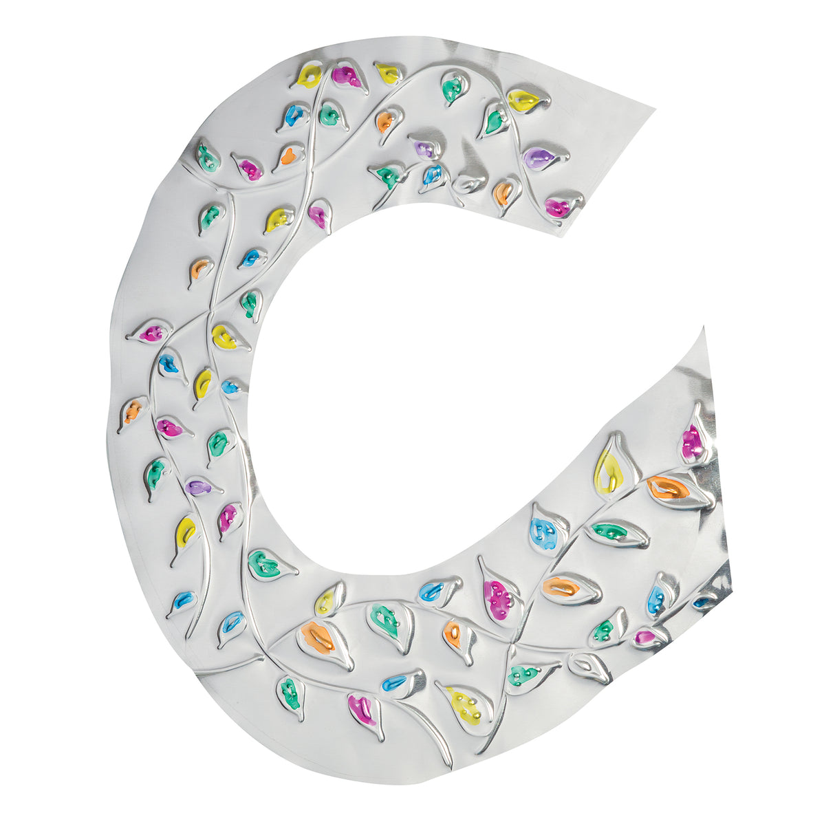 A curved strip of Aluminium Embossing Foil Sheet features embossed leaf and vine patterns filled with small drops of bright coloured paint. The reflective silver surface contrasts with glossy paint accents in yellow, pink, blue and green, highlighting raised textures.