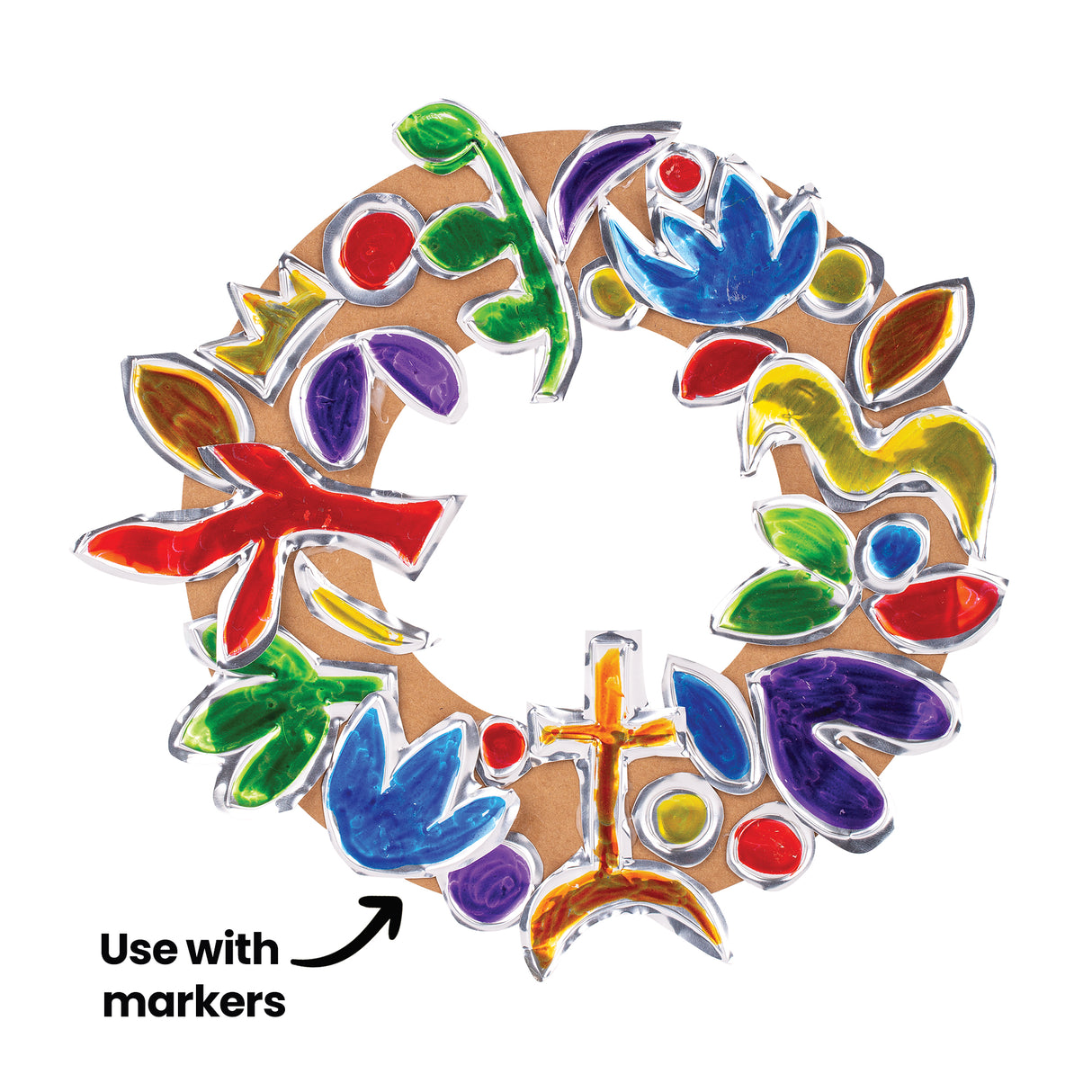 A circular wreath-like design made from Aluminium Embossing Foil Sheets is decorated with embossed shapes filled with vibrant colours including red, blue, yellow, green and purple. Black annotation text reads “Use with markers,” with an arrow pointing toward the coloured surface areas.