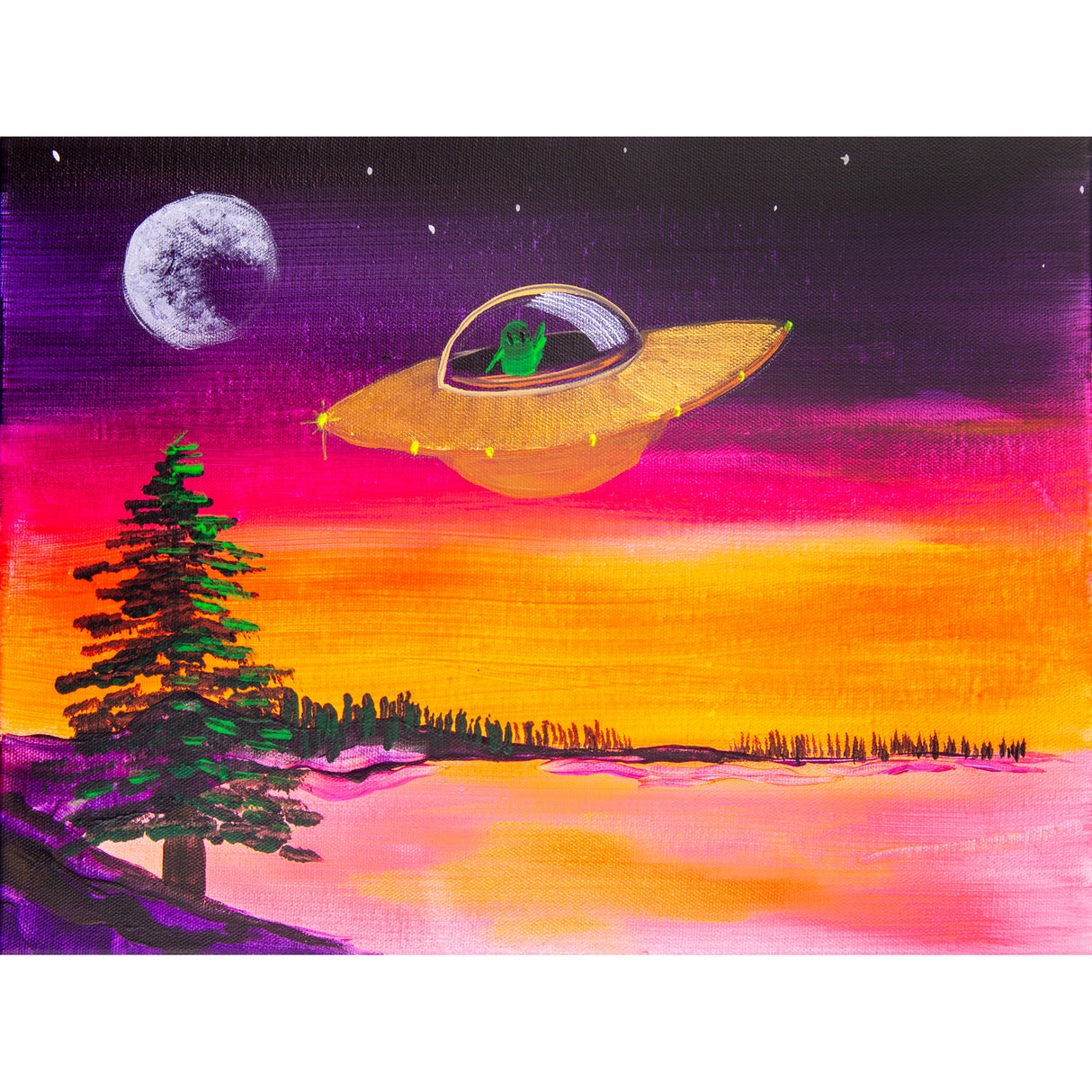 Vibrant acrylic painting featuring an orange UFO with a green alien pilot flying across a sunset sky with purple, pink, and orange gradients. A moon and stars appear above, while a silhouetted evergreen tree stands in the foreground against a pink landscape, showcasing Chromacryl paint's bold colour capabilities.