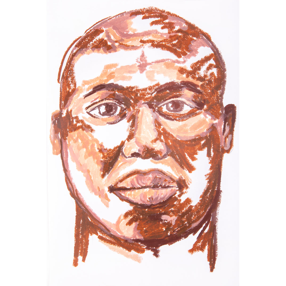 Hand-drawn frontal portrait of a persons face created with Colour Slicks (paint sticks), using loose, expressive strokes in warm brown and peach tones. The eyes, nose and lips are defined against a plain white background.