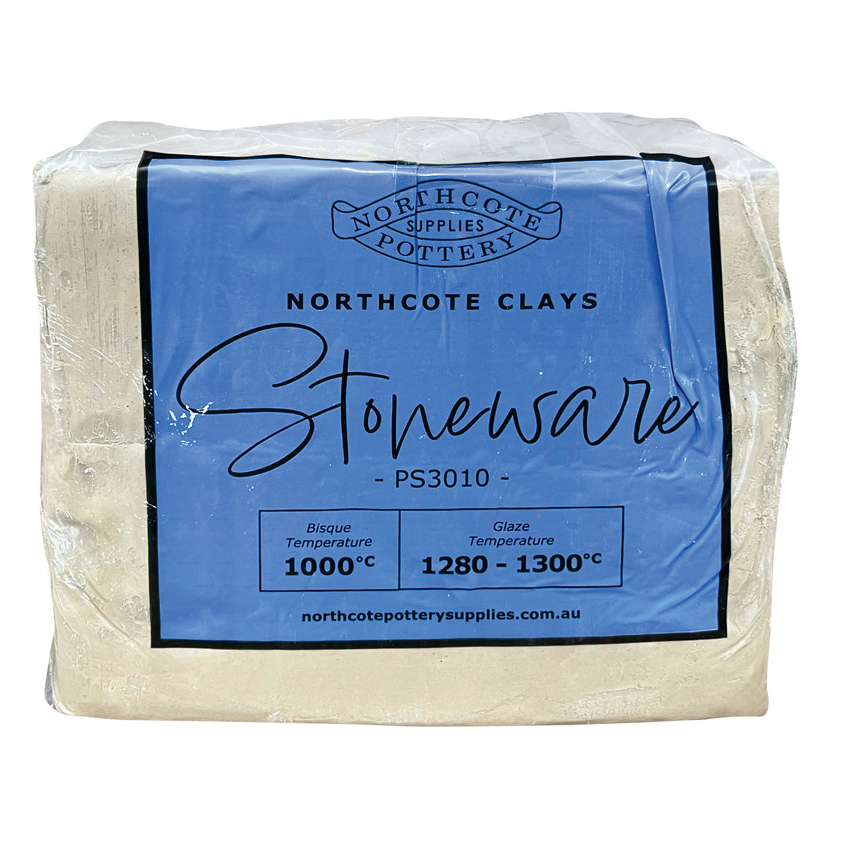 Plastic-wrapped block of pale grey stoneware clay with blue Northcote Pottery Supplies label. Label displays "Stoneware - PS3010" with firing temperatures: Bisque Temperature 1000°C, Glaze Temperature 1280-1300°C printed on front.