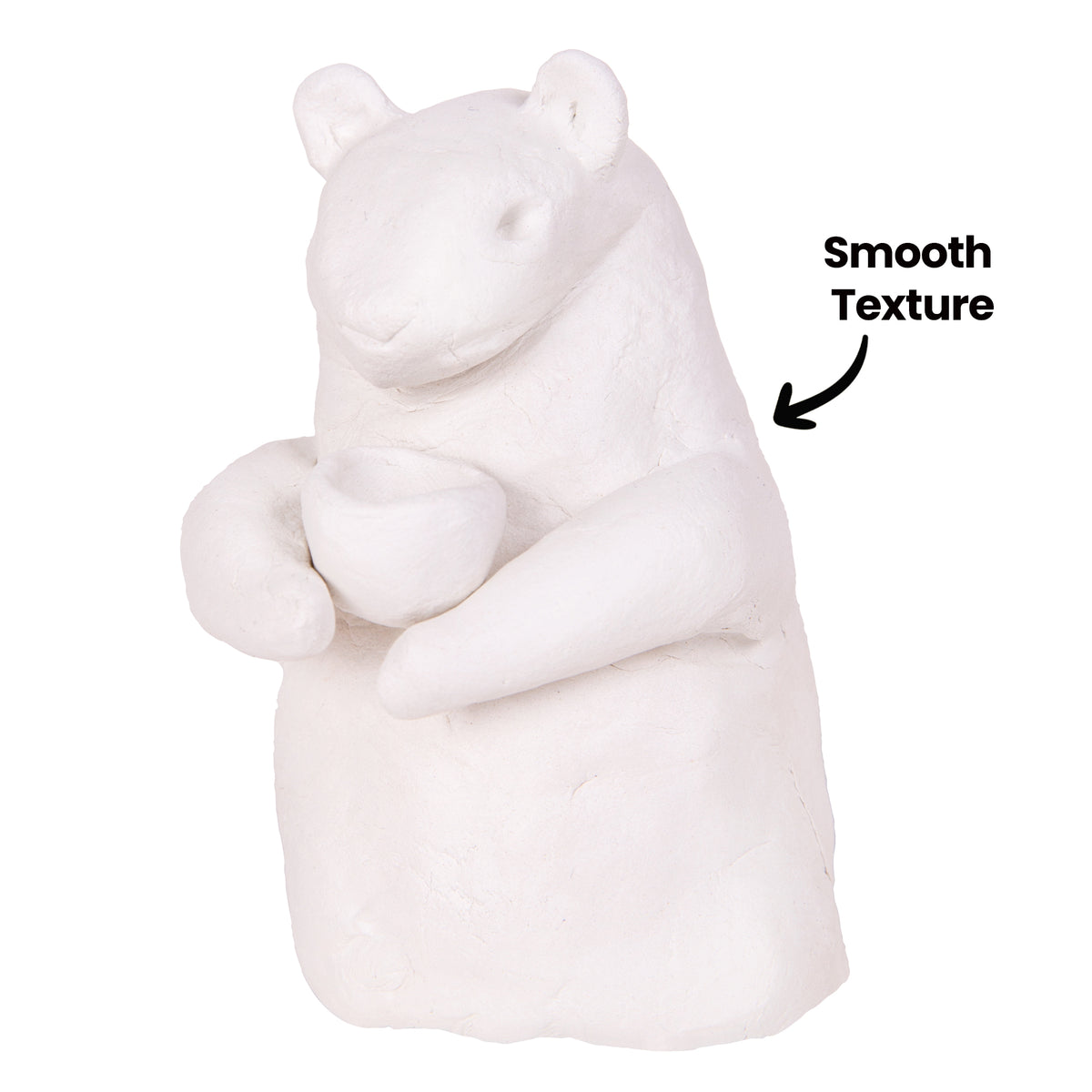 A single unpainted white clay bear figure holding a small cup shape, shown close up. The annotation "Smooth Texture" with an arrow points to the even, matte surface of the clay body.