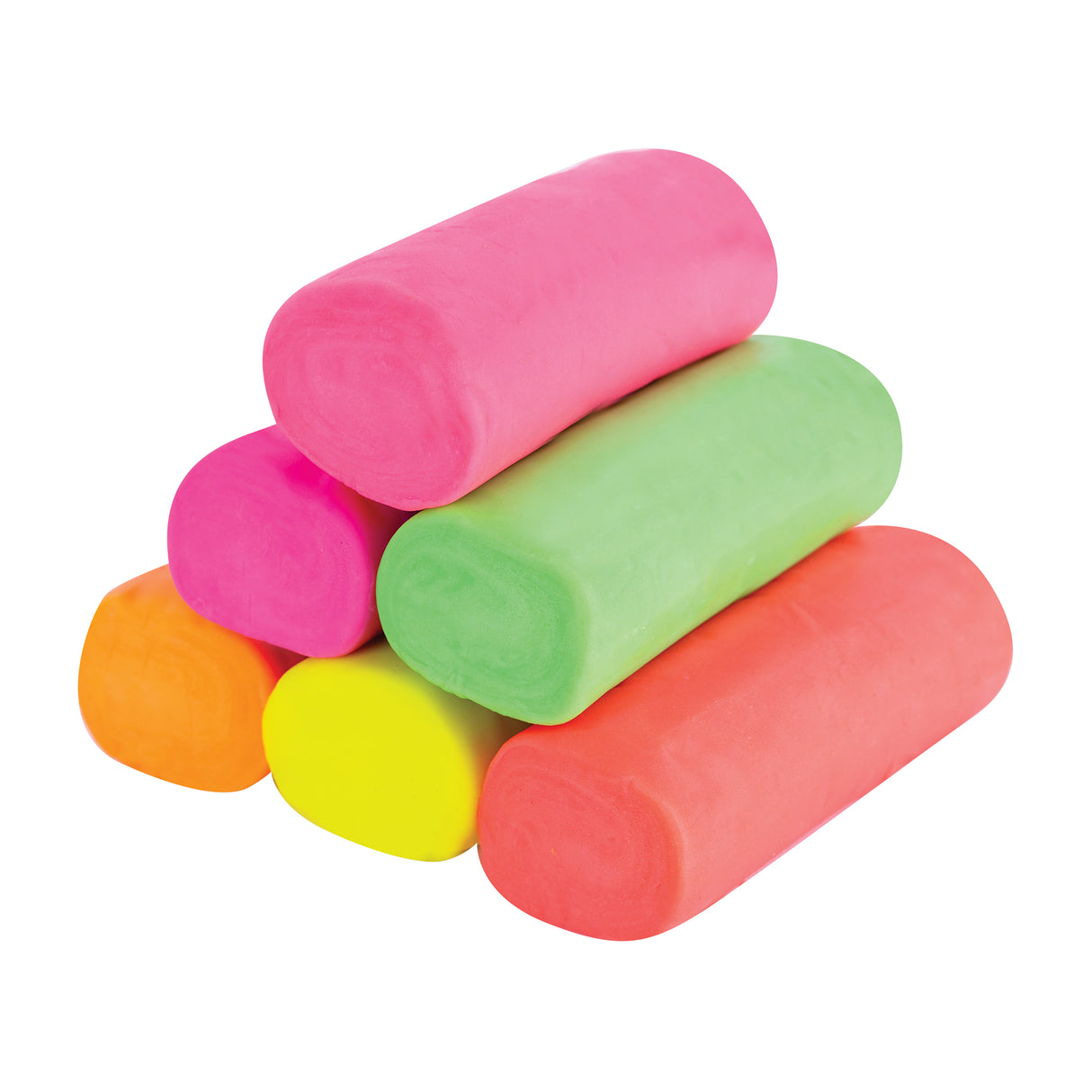 Stacked Zart Claydough logs in Neon palette colours including hot pink, magenta, bright green, vivid orange, fluorescent yellow and neon red. Cylindrical shapes with rounded ends. Surface appears smooth and slightly matte with soft texture and subtle finger impressions.