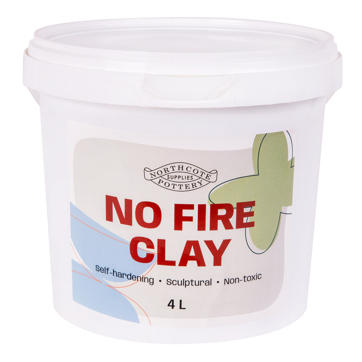 White plastic tub of Northcote Pottery No Fire Clay 4L with lid, labelled “NO FIRE CLAY” and “Self-hardening - Sculptural - Non-toxic”.