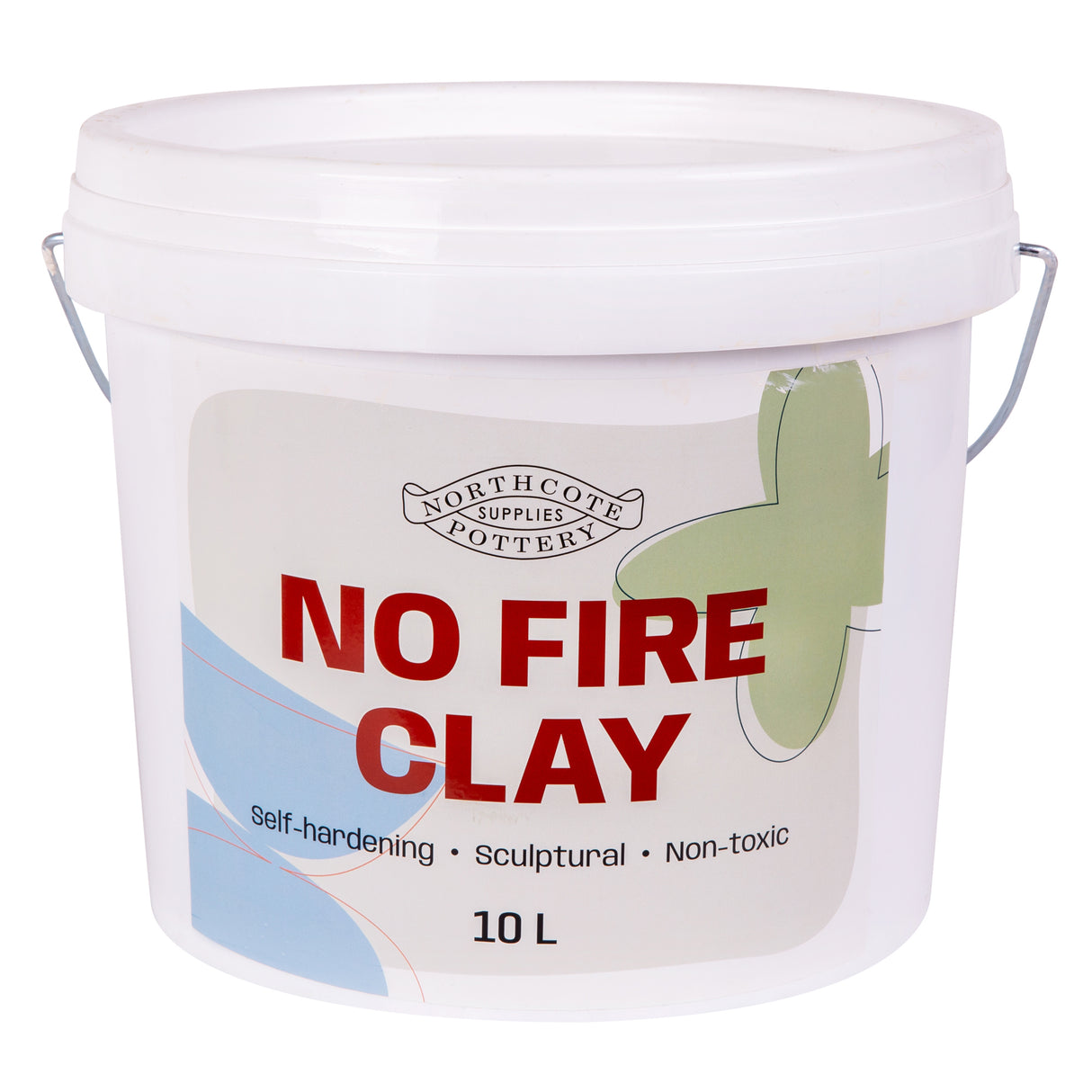 Large white plastic tub of Northcote Pottery No Fire Clay 10L with metal handle, labelled “NO FIRE CLAY” and “Self-hardening - Sculptural - Non-toxic”.