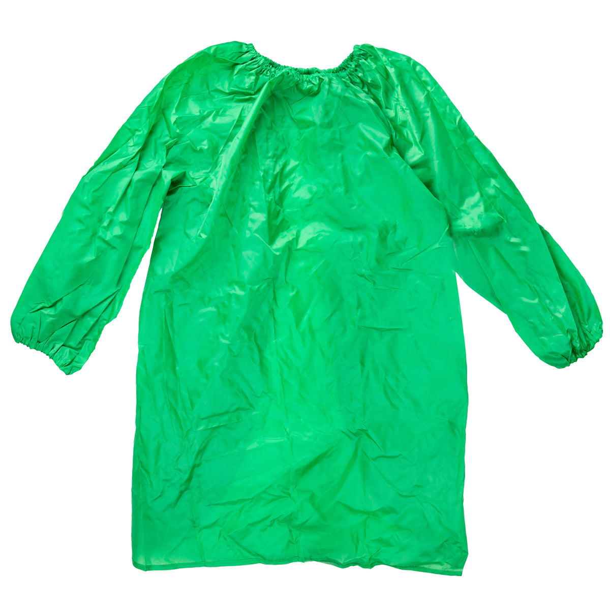 A green Zart smock shown flat, with an elasticated round neckline gathered into soft folds and long sleeves finishing in elasticated cuffs. The lightweight fabric has a slight sheen and visible creasing throughout. The hem is uneven, dipping lower at the centre front in a curved line.