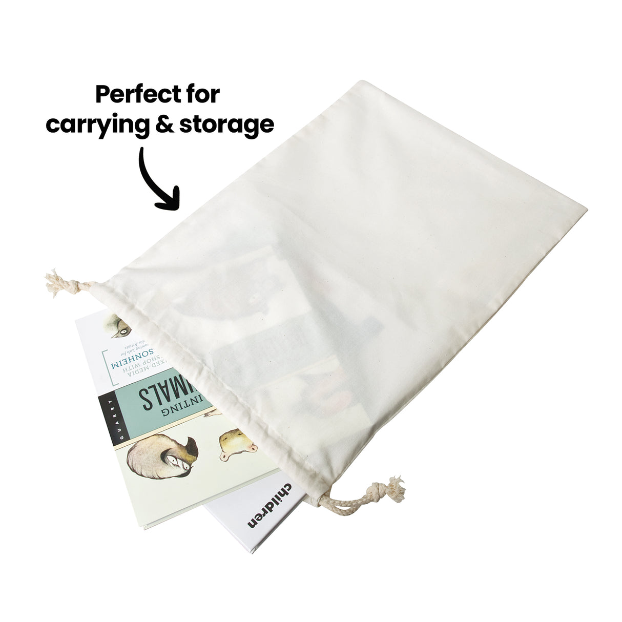 Natural calico drawstring bag partially filled with books, shown at an angle. Black annotation text reads “Perfect for carrying & storage” with an arrow pointing to the bag. The semi-opaque fabric reveals faint shapes inside, with soft folds and a tied cord closure.
