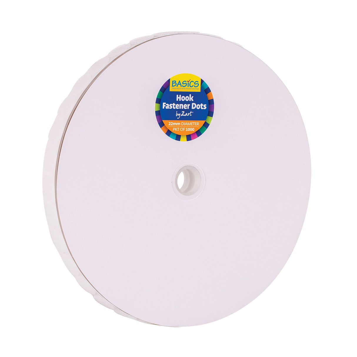 Large white roll of Hook Fastener Dots by Zart shown at an angle, displaying the circular hook fastener material wound around a cardboard core with centre hole. Colourful BASICS label shows 22mm DIAMETER PKT OF 1000 in vibrant rainbow border design.