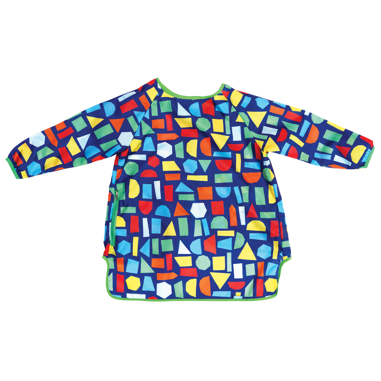 Child's long-sleeved art smock featuring a vibrant geometric pattern on navy blue background. Colourful shapes include circles, triangles, rectangles, hexagons and semi-circles in red, yellow, blue, green and orange. Green trim on collar and cuffs with a small green Spencil logo tag visible on the front pocket.