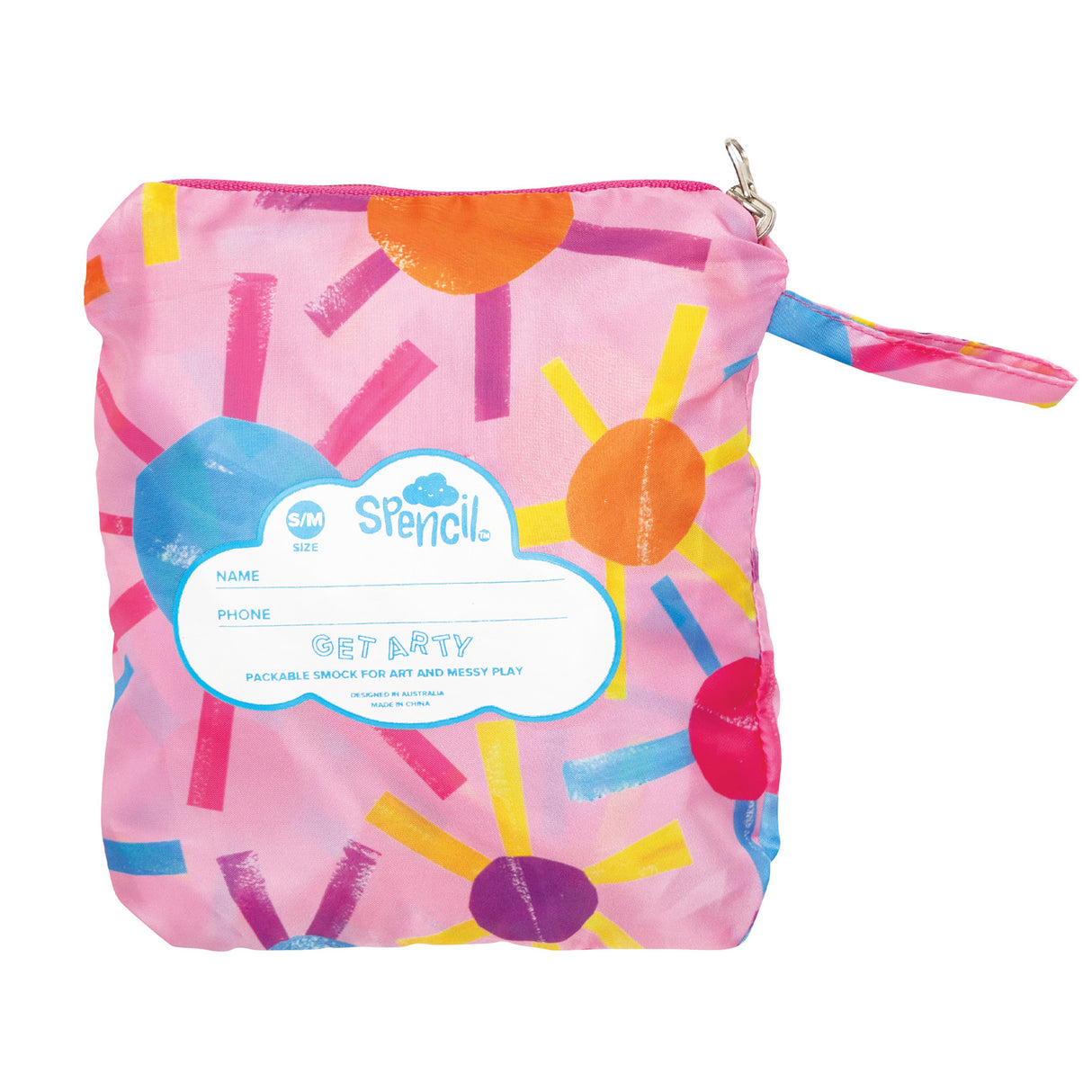 Spencil Art Smock in small/medium size, featuring a pink fabric with colourful painted suns and brushstrokes in orange, yellow, blue, and magenta. The packable smock has a white label reading "GET ARTY PACKABLE SMOCK FOR ART AND MESSY PLAY" with fields for name and phone, plus a silver clip attachment.