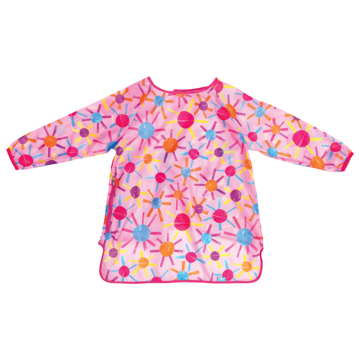 Spencil Art Smock in small/medium size with pink background featuring a vibrant geometric pattern of colourful circles and radiating lines in blue, orange, purple, pink, and yellow. The long-sleeved smock has elastic cuffs and a protective front pocket.