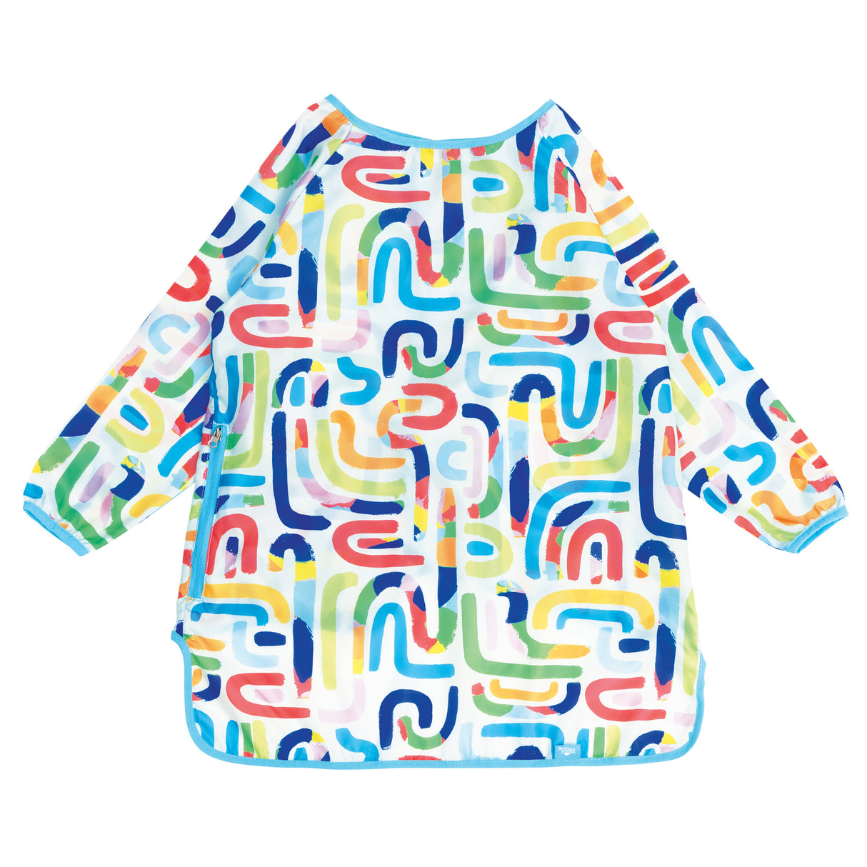 White long-sleeved art smock covered in a vibrant multicoloured abstract pattern of curved, interlocking shapes and lines in shades of blue, coral, yellow, green, orange, and pink. The Spencil smock features elasticated cuffs and a rounded hem for protection during creative activities.