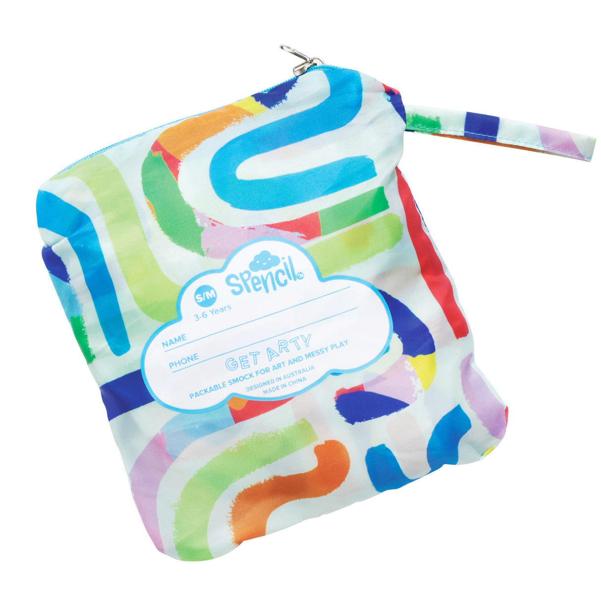 Spencil Art Smock in small/medium size features vibrant abstract brushstroke patterns in blue, green, orange, pink, yellow, and purple on white fabric. The packable smock has a zip closure and wrist strap, with a cloud-shaped label reading GET ARTY PACKABLE SMOCK FOR ART AND MESSY PLAY.