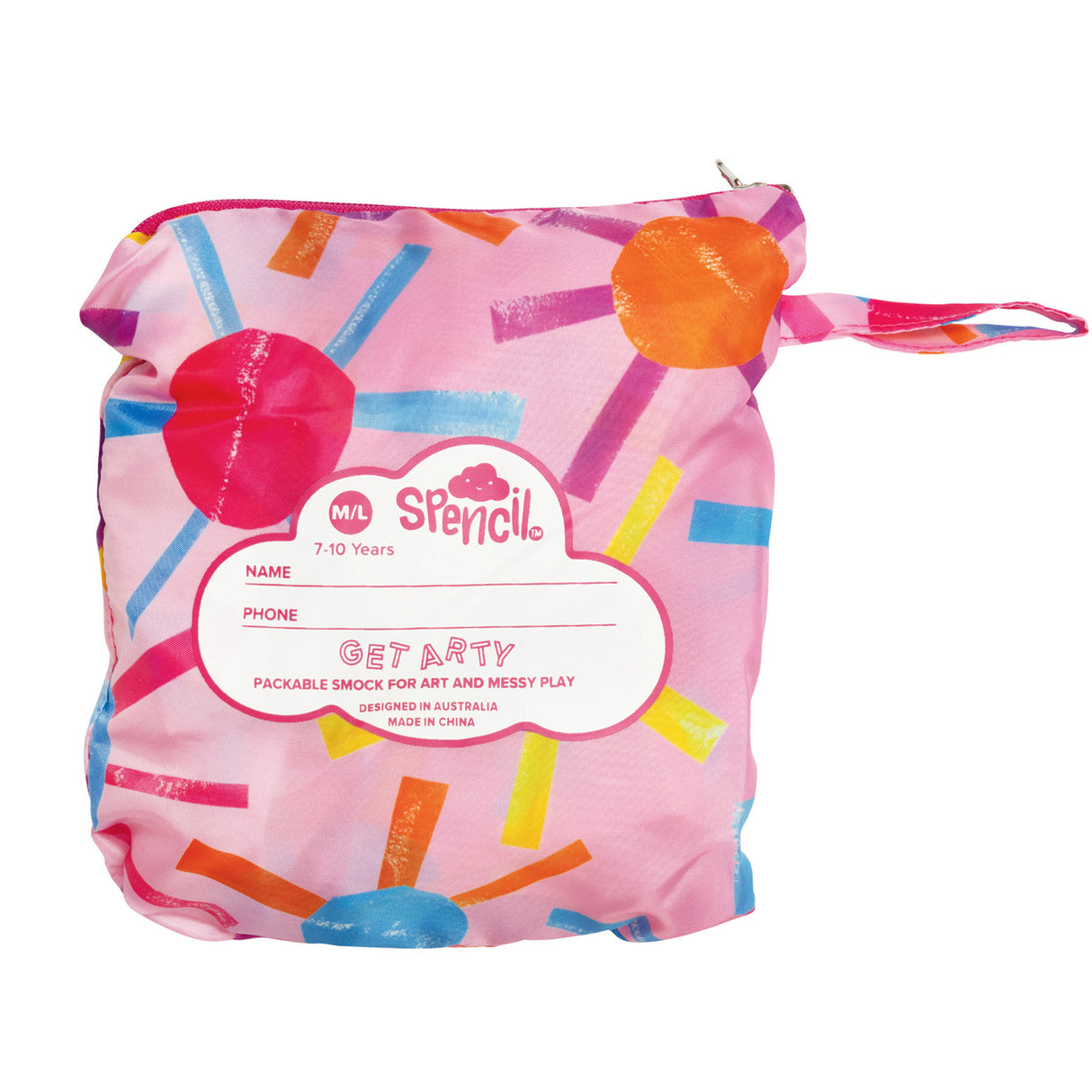 Spencil packable art smock in pink fabric decorated with colourful painted circles and brush strokes in orange, red, blue, yellow and purple. White cloud-shaped label reads M/L 7-10 Years, NAME, PHONE, GET ARTY PACKABLE SMOCK FOR ART AND MESSY PLAY. Features zip closure and wrist loop.