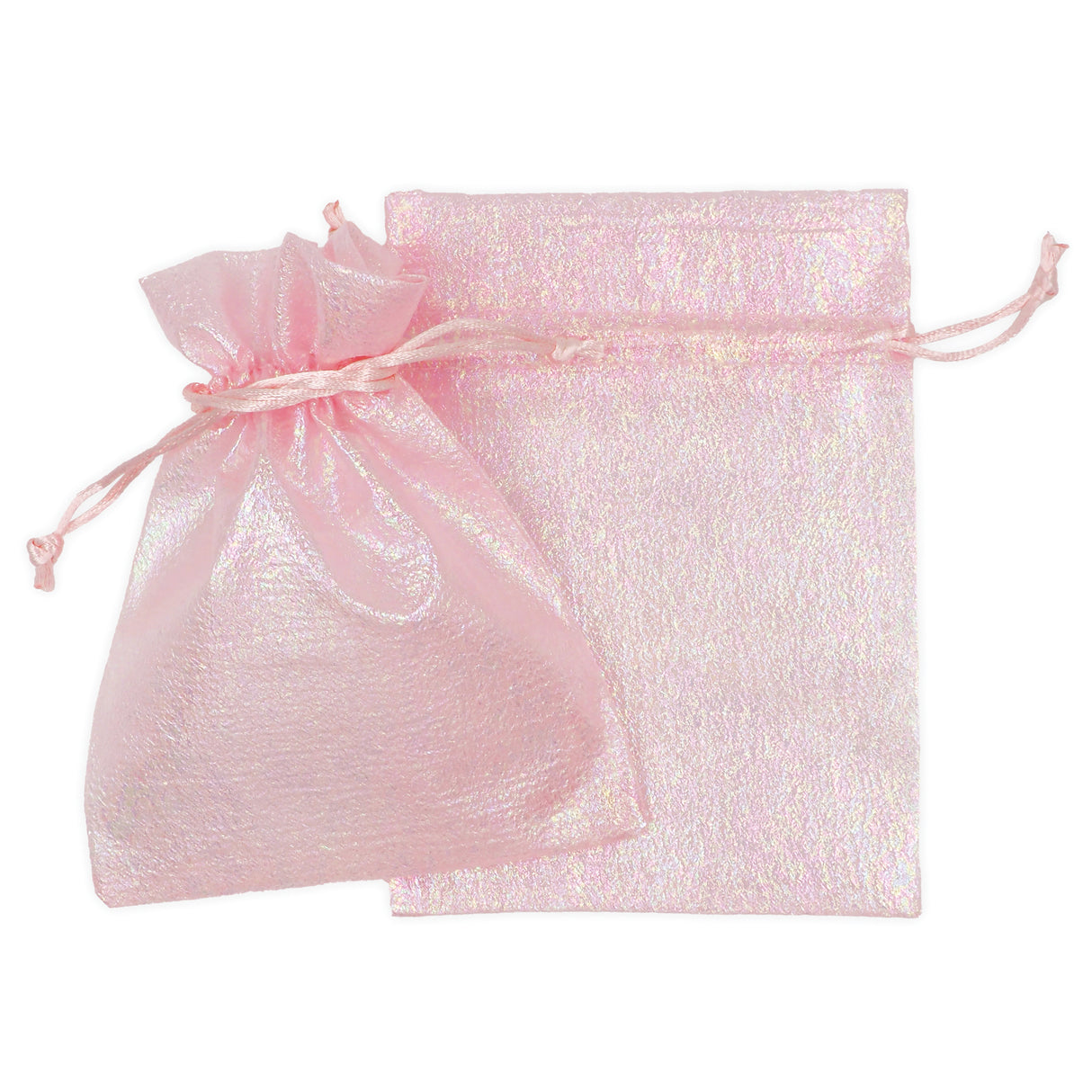 Three sheer iridescent pink organza bags with drawstring closures, displaying a delicate shimmer. One smaller bag sits in front of a larger flat bag, both featuring a soft translucent fabric with rainbow-like lustre and satin ribbon ties.
