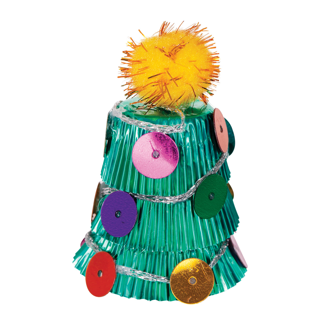 Zart Mini Patty Pans stacked and layered into a tiered Christmas tree shape, using shimmering green metallic pans in graduating tiers. Decorated with large flat sequins in pink, purple, green, red and gold, wrapped with silver tinsel garland, and topped with a fluffy yellow and orange pom-pom.