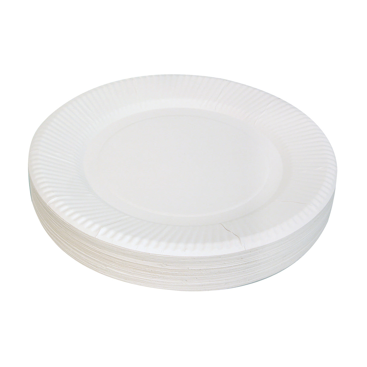 A stack of white Paper Plates is displayed against a pale grey background. The plates have smooth circular centres, gently raised ridged rims and thin layered paper edges visible around the side, creating subtle shadows and a lightly textured white surface.