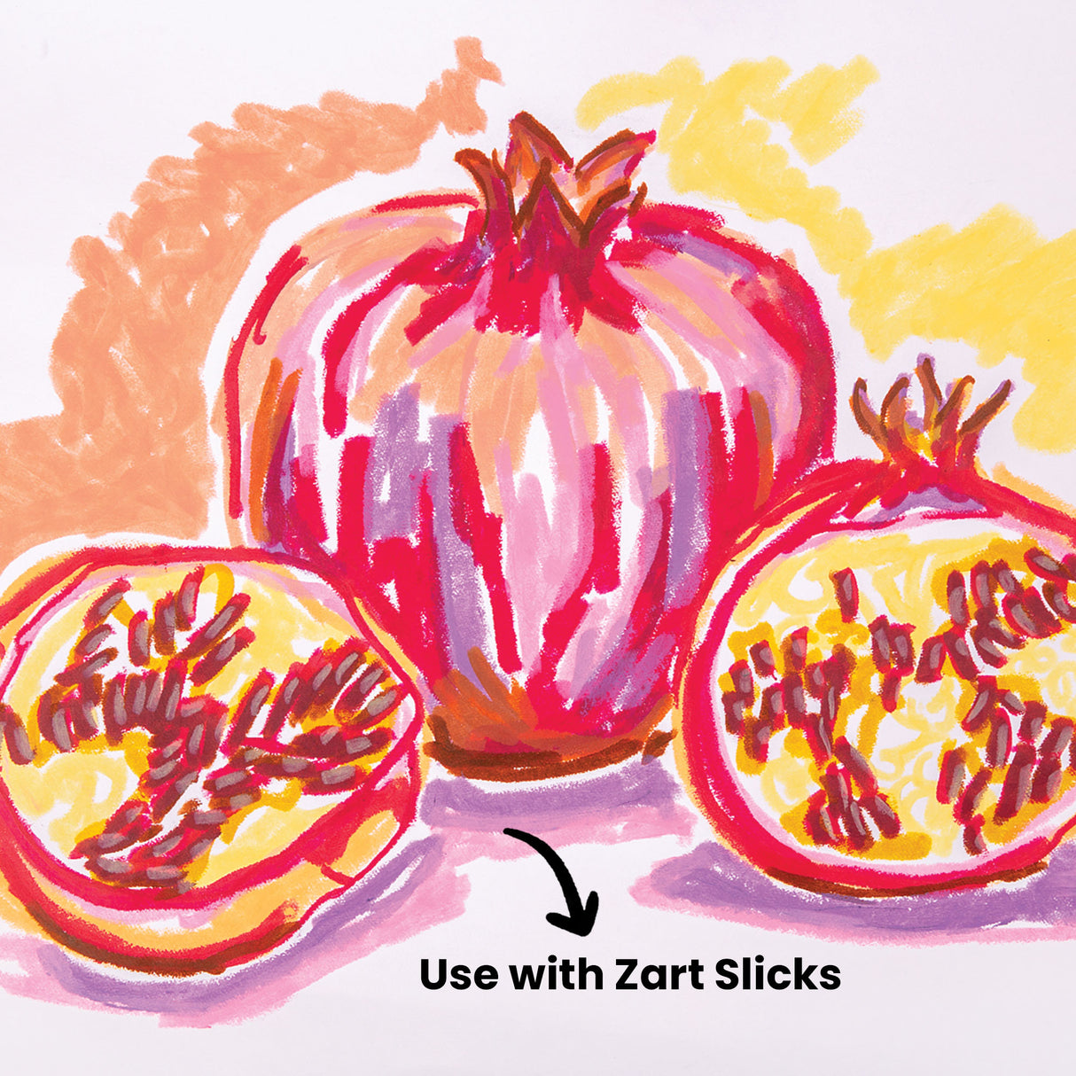 Vibrant watercolour painting of a whole pomegranate and two halved sections showing seeds, rendered in bold pink, red, purple, orange and yellow brushstrokes on white cartridge paper. Annotation reads "Use with Zart Slicks" in bottom right corner.