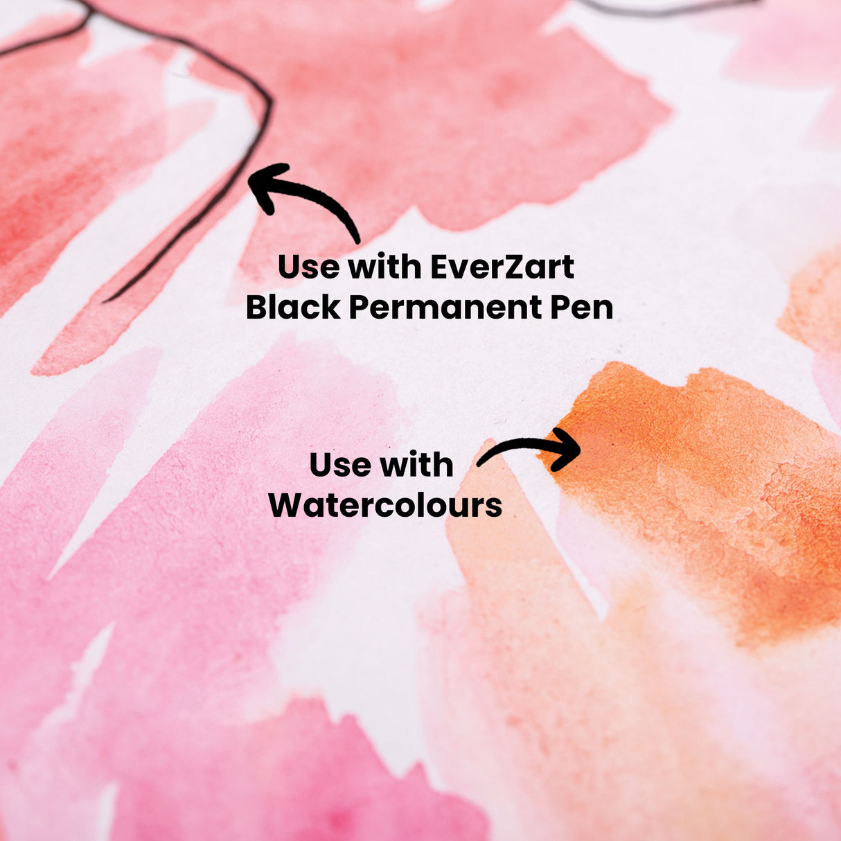 Watercolour demonstration on white cartridge paper showing pink and coral washes with black pen outlines. Text reads "Use with EverZart Black Permanent Pen" with arrow pointing to pink outlined area, and "Use with Watercolours" with arrow pointing to orange wash.