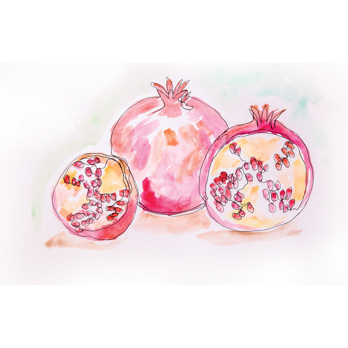 Watercolour illustration of three pomegranates on white cartridge paper. One whole pomegranate with crown in vibrant pink and coral tones, alongside two halved fruits revealing cream interiors with pink and red seeds. Soft green and peach background washes create depth.