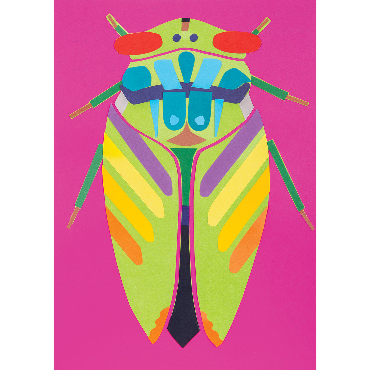 Vibrant paper collage of a stylised beetle created with geometric shapes in lime green, yellow, orange, turquoise, purple and pink against a hot pink background. The symmetrical insect features layered coloured paper pieces forming wings, body segments and antennae, demonstrating creative possibilities with coloured cover paper.