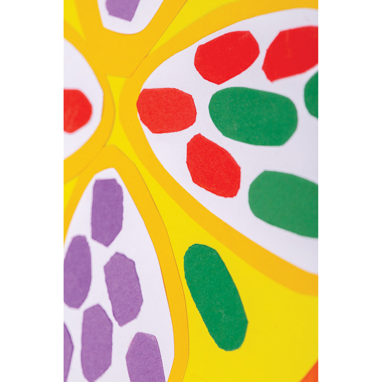 Bright yellow Cover Paper sheets displaying vibrant painted petal shapes in purple, red, and green. The 125gsm coloured paper shows excellent paint coverage and smooth texture, with crisp edges and rich colour saturation in each artistic sample.