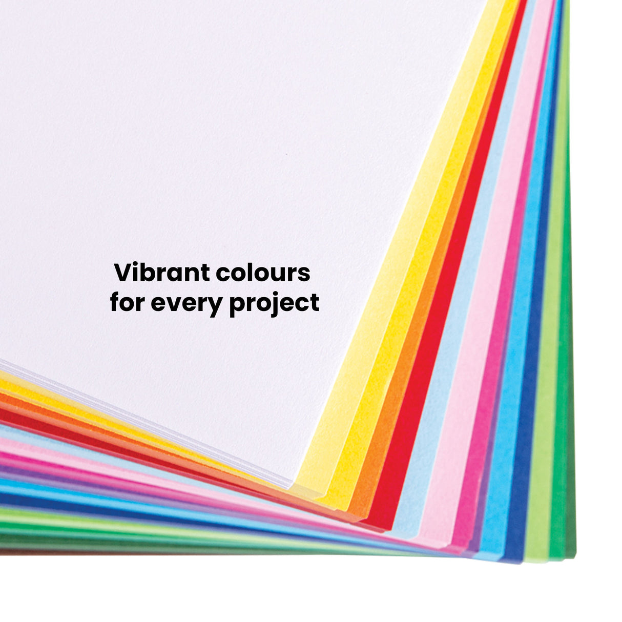Fanned stack of coloured cover paper displaying a rainbow spectrum including yellow, orange, red, pink, blue, and green sheets on a white background. Text reads: Vibrant colours for every project.