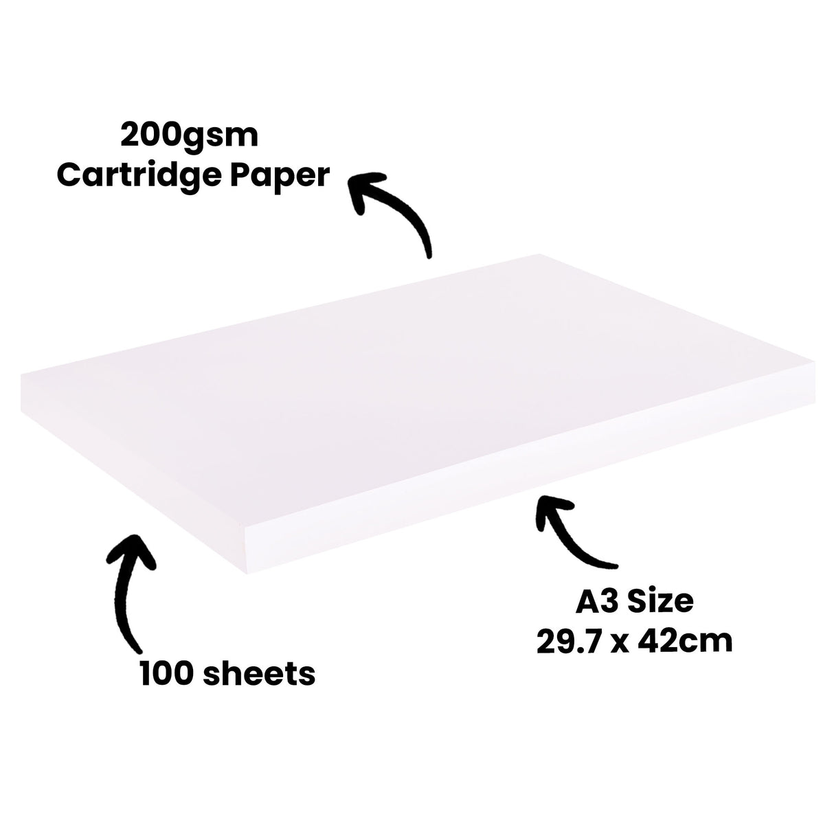 Stack of smooth white 200gsm Cartridge Paper showing 100 sheets in A3 size measuring 29.7 x 42cm. The heavyweight paper ream is displayed at an angle against a white background with black annotation arrows pointing to key features.
