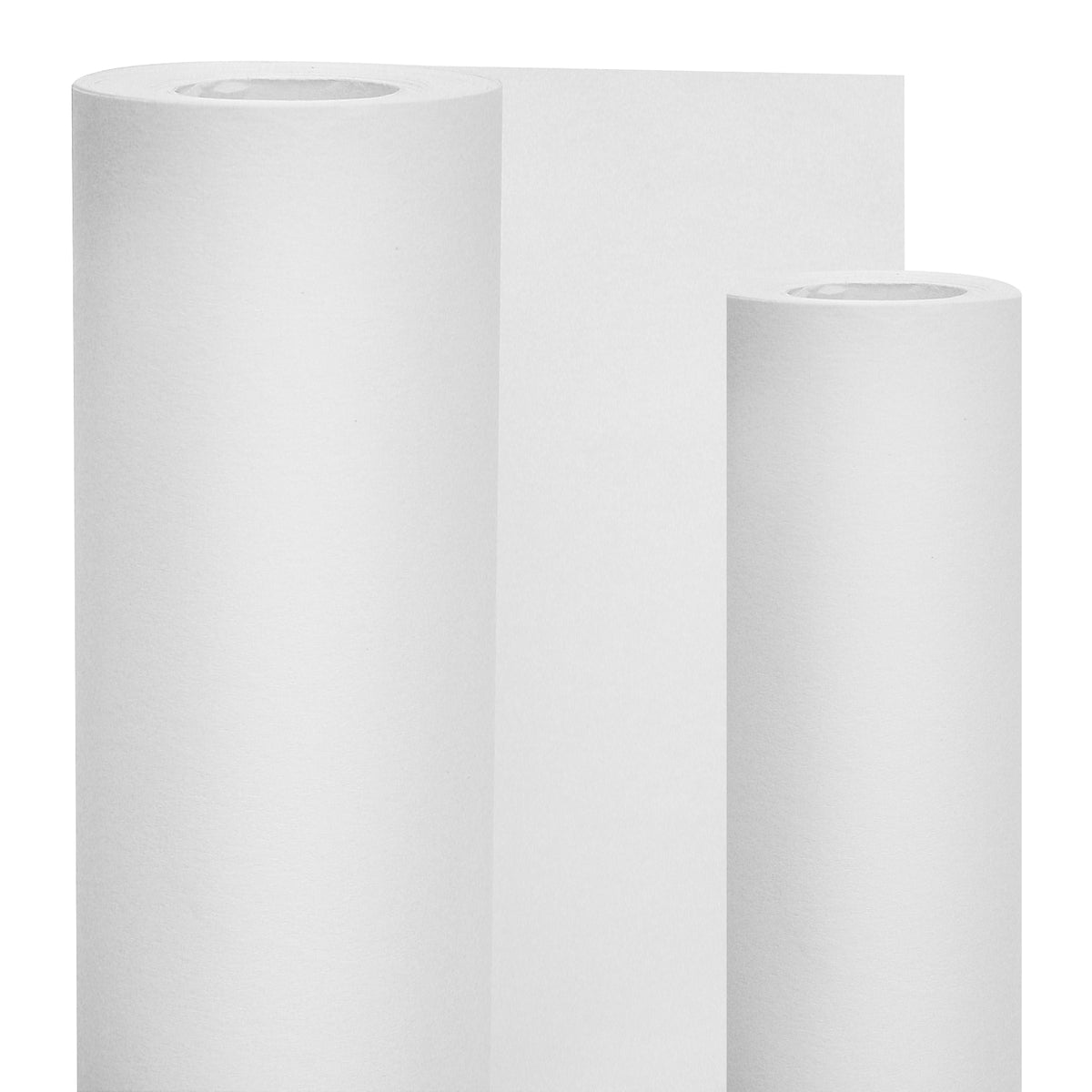 Two rolls of white cartridge paper standing upright side by side against a white background, one noticeably wider than the other. A loose sheet drapes down between them. The smooth matte paper has a subtle fibrous texture, each roll wound around a pale hollow cardboard core.