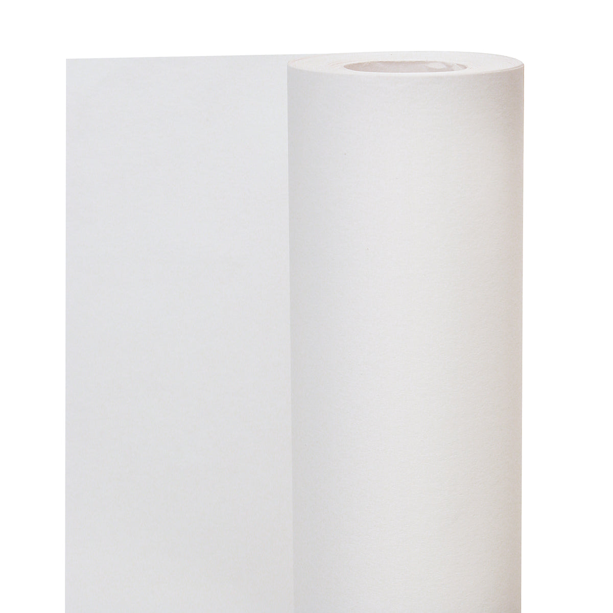A single roll of white cartridge paper standing upright against a white background, with a loose sheet unrolling and draping down the left side. The paper has a smooth matte finish with a subtle fibrous grain, wound around a pale hollow cardboard core at the centre.