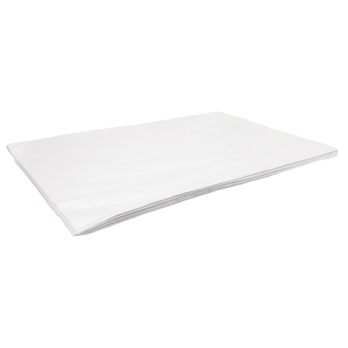 A neatly stacked pile of white Zart Tissue Paper 50x75cm sheets rests against a pale grey background. The thin lightweight sheets display soft folded edges, subtle translucency, and delicate layered corners, emphasising the smooth fine texture and flexible paper construction.