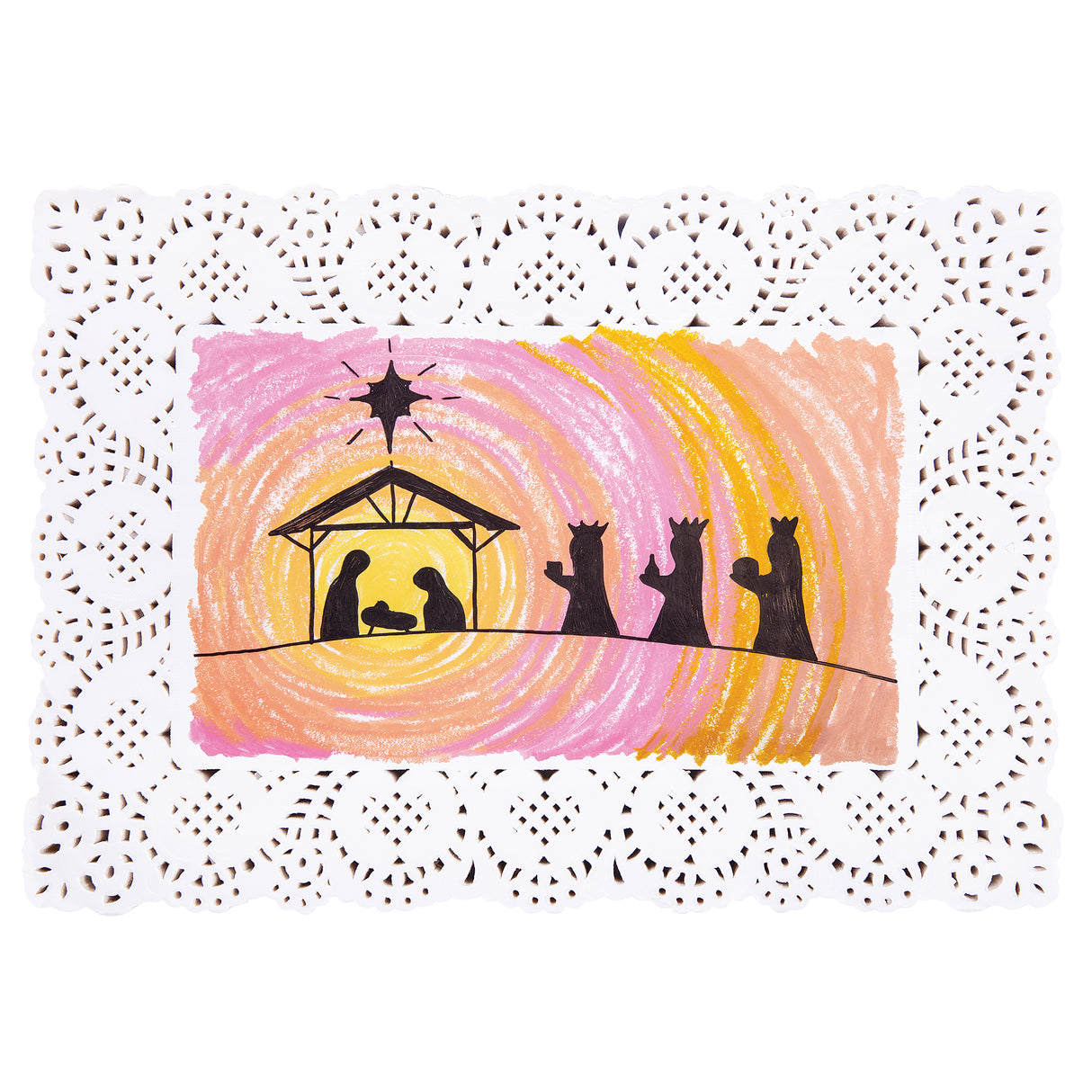 A nativity scene bordered by a white lace-cut Zart Doily, framing a hand-drawn artwork of silhouetted figures at a stable beneath a guiding star, three crowned kings approaching with gifts, set against swirling pink, orange and yellow blended crayon and pastel background hues.