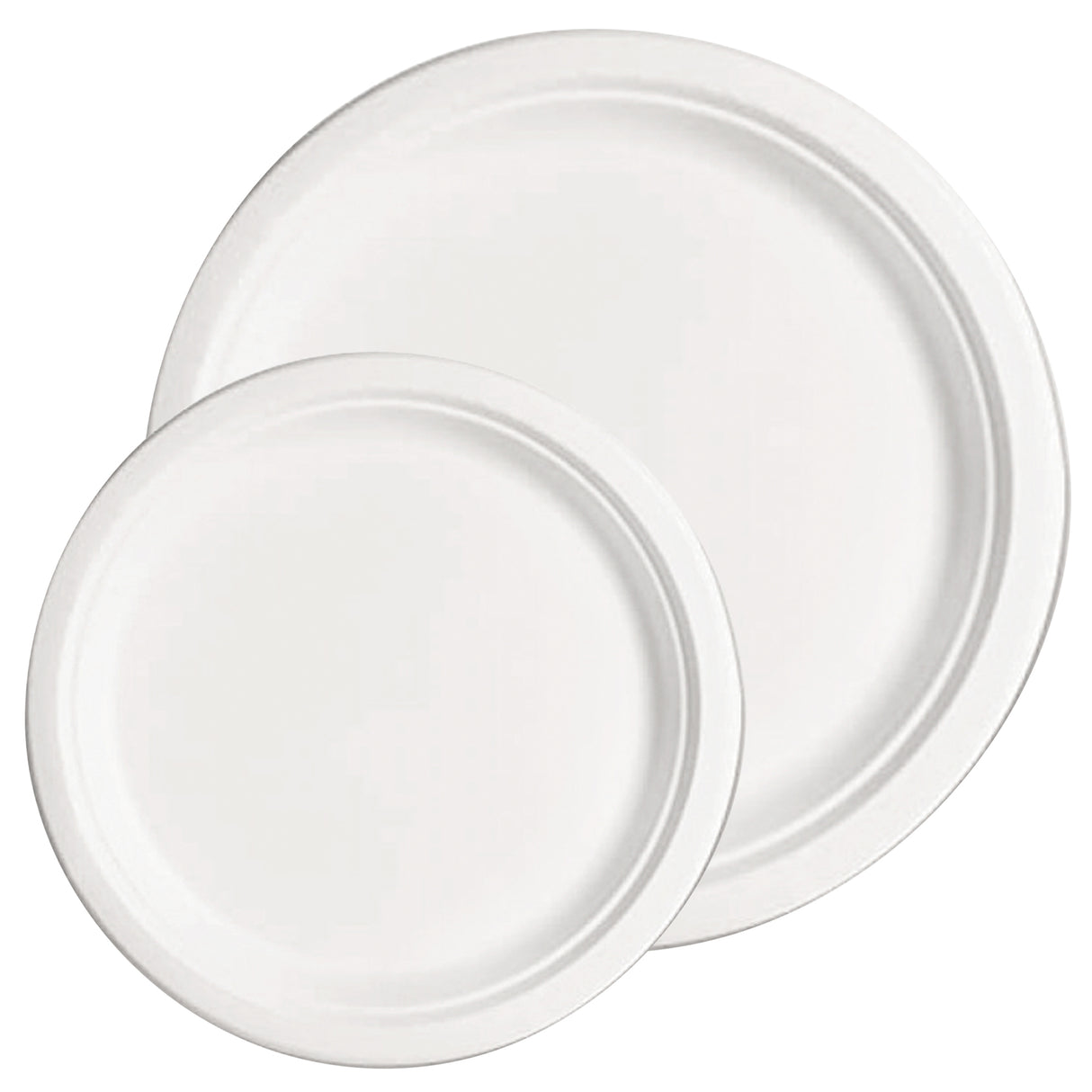 Three white biodegradable sugar cane eco plates displayed at angles, showing their smooth circular surfaces and raised edges. The disposable plates feature a clean white finish with subtle texture, demonstrating their sturdy construction and practical design for eco-friendly dining.