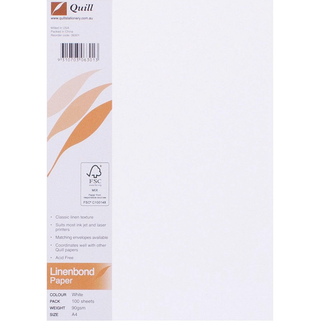 Quill Linenbond Paper 90gsm A4 White Pack of 100 - Zart