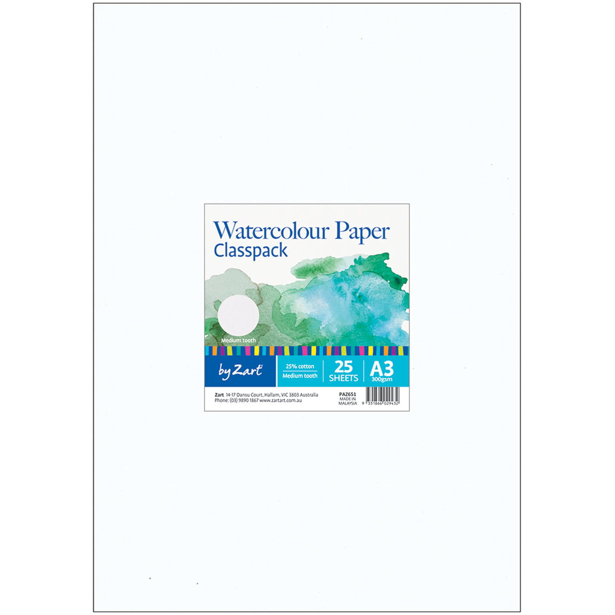 Watercolour Paper Classpack by Zart featuring abstract blue and green watercolour wash sample on white packaging. Text shows Medium tooth, 25% cotton Medium tooth, 25 SHEETS, A3 300gsm. Blue and colourful striped border design frames the A3-sized paper pack.