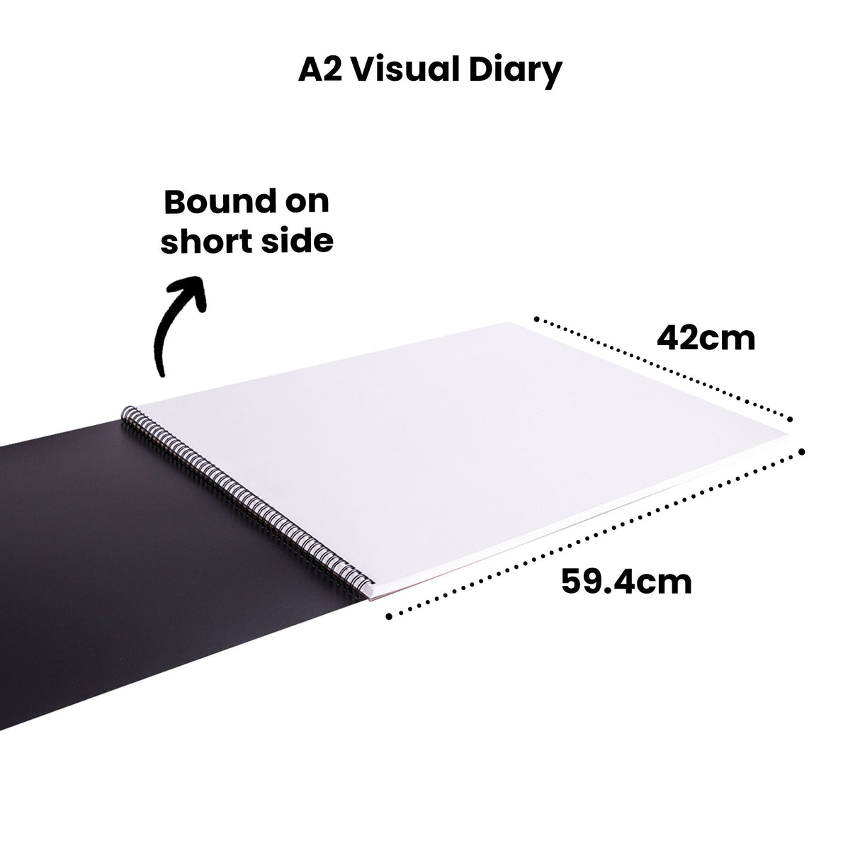 A2 Visual Diary with spiral binding shown in landscape orientation. Black and white covers displayed with wire-bound spine on short side. Annotated dimensions show 42cm width and 59.4cm length. Text reads "A2 Visual Diary" and "Bound on short side" with directional arrow indicating binding placement.