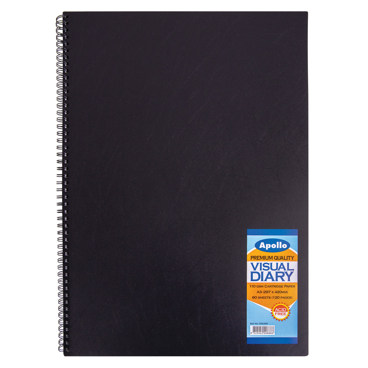 Apollo Premium Quality Visual Diary with black hardcover and double wire spiral binding along the left edge. A3 size sketchbook featuring 110 GSM cartridge paper, 60 sheets (120 pages), acid free. Blue and orange product label visible on bottom right corner.