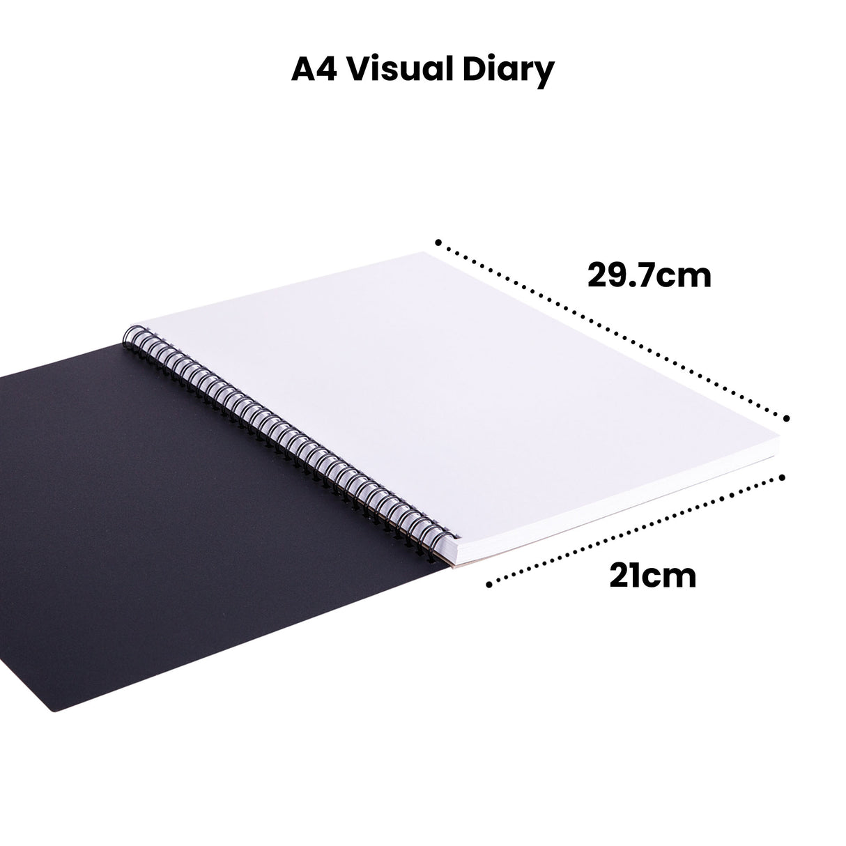 A4 Visual Diary with black and white spiral-bound sketchbooks stacked together, showing dimensions of 29.7cm by 21cm. The white cover diary sits atop a black cover diary, both featuring wire binding along the left edge on a white background.